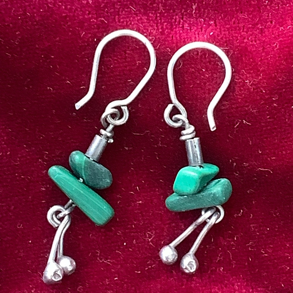 Malachite stone and sterling silver earrings, vintage, pre-owned